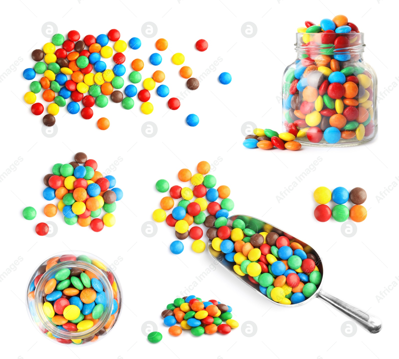 Image of Set of delicious candies on white background, top view