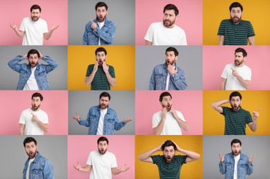 Image of Collage with photos of surprised man on different color backgrounds