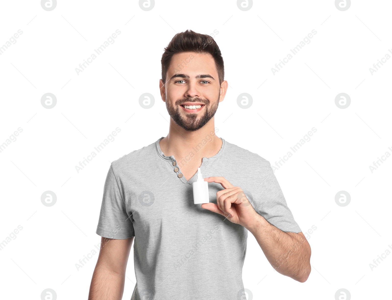 Photo of Man with nasal spray on white background