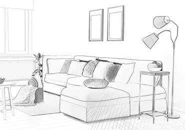 Image of Stylish living room with comfortable sofa. Illustrated interior design