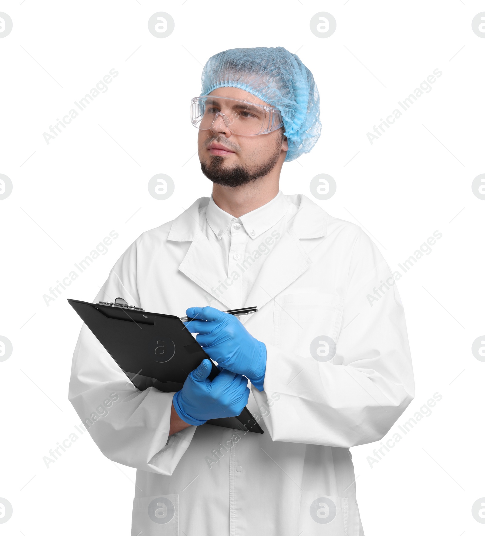 Photo of Quality control. Food inspector with clipboard on white background