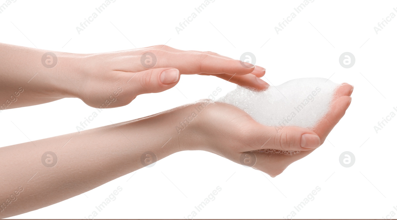 Photo of Woman with bath foam on white background, closeup