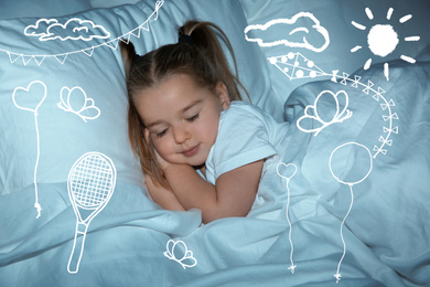 Image of Sweet dreams. Cute little girl sleeping. Sun, kite and other illustrations on foreground