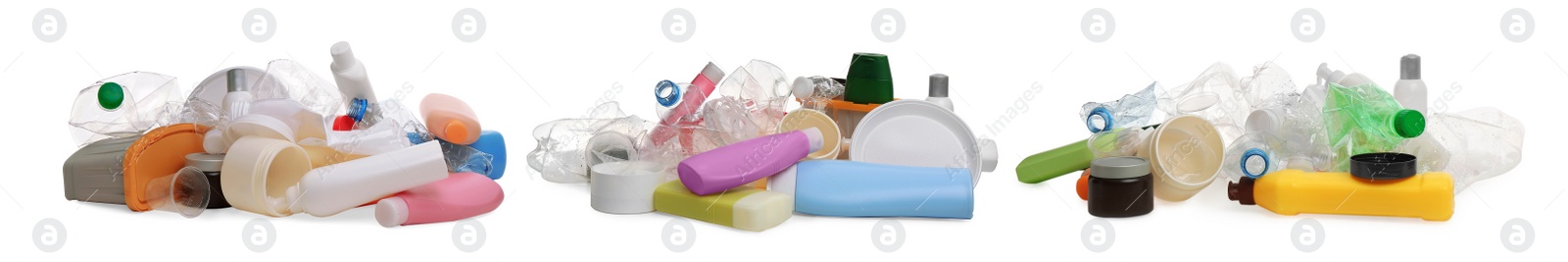 Image of Set with piles of plastic garbage on white background. Banner design