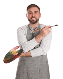 Photo of Man with painting tools on white background. Young artist