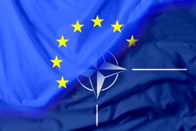 Image of Flags of European Union and NATO, double exposure