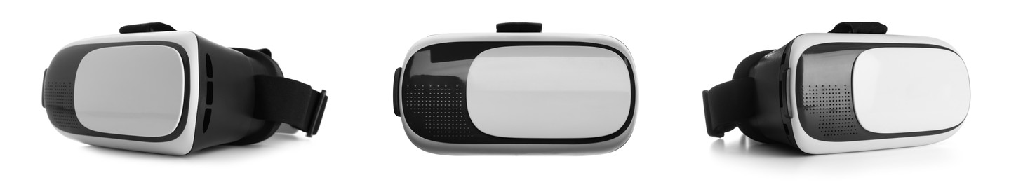 Modern virtual reality headsets on white background. Banner design