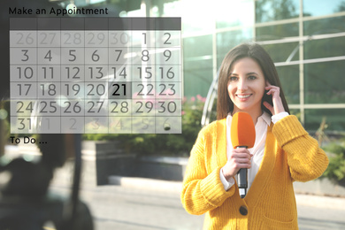 Image of Double exposure of calendar and young journalist working outdoors. Personal schedule