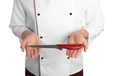 Photo of Chief cook holding clean sharp knife on white background, closeup
