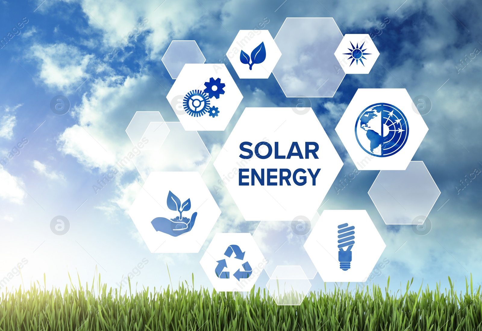 Image of Solar energy concept. Scheme with icons and sky over green grass on background