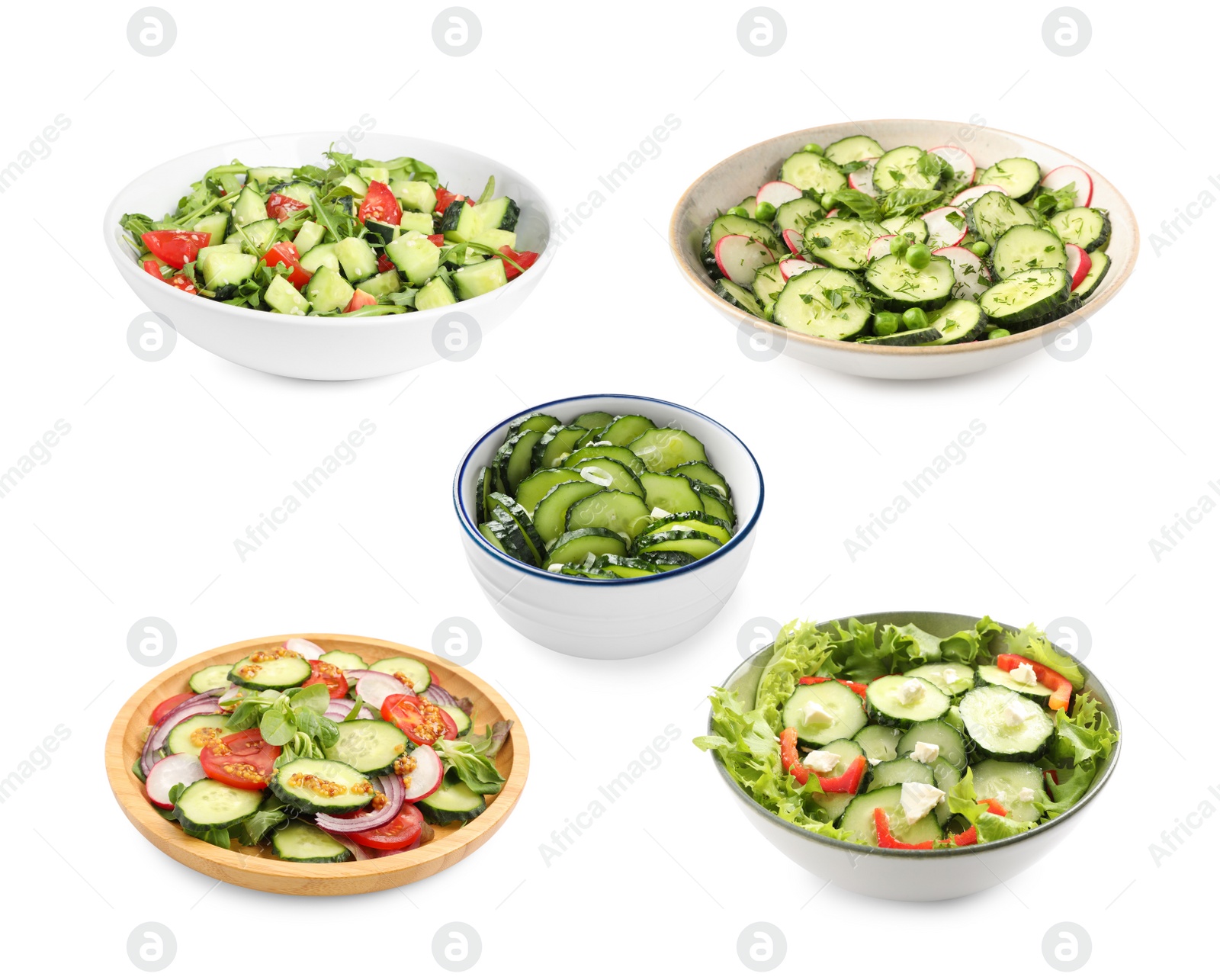 Image of Set of delicious salad with cucumbers and different ingredients on white background