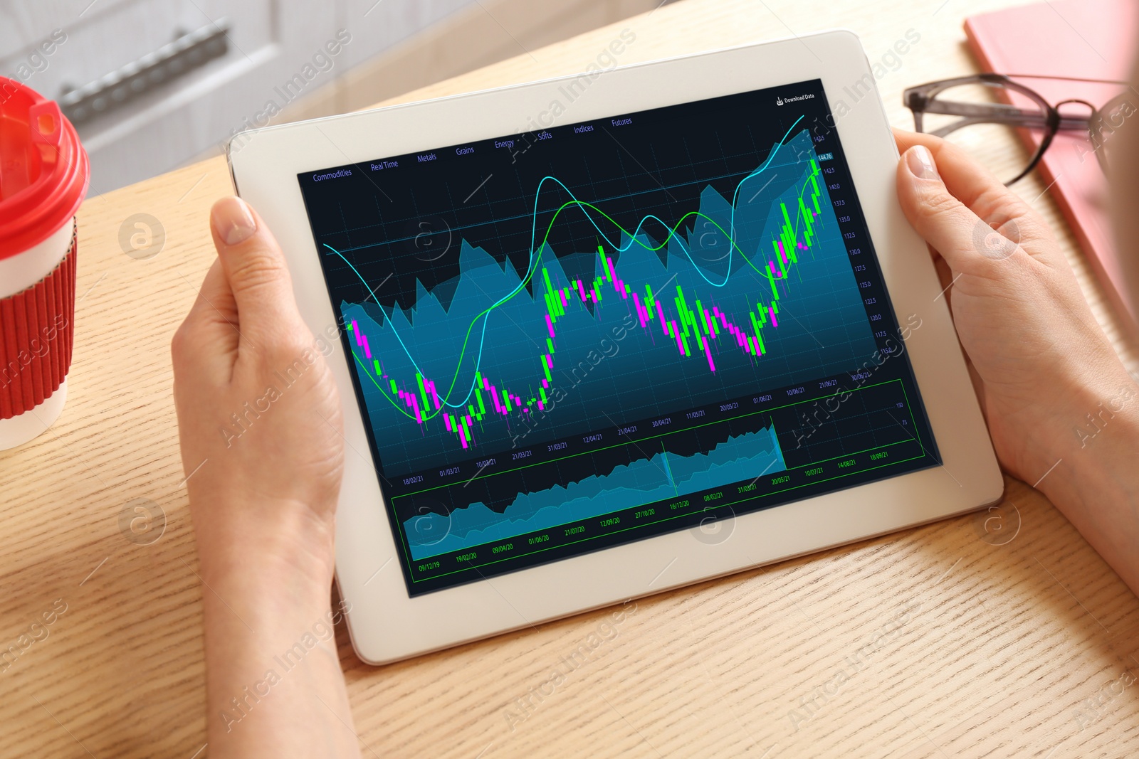 Image of Woman analyzing electronic trading platform on tablet indoors, closeup. Stock exchange