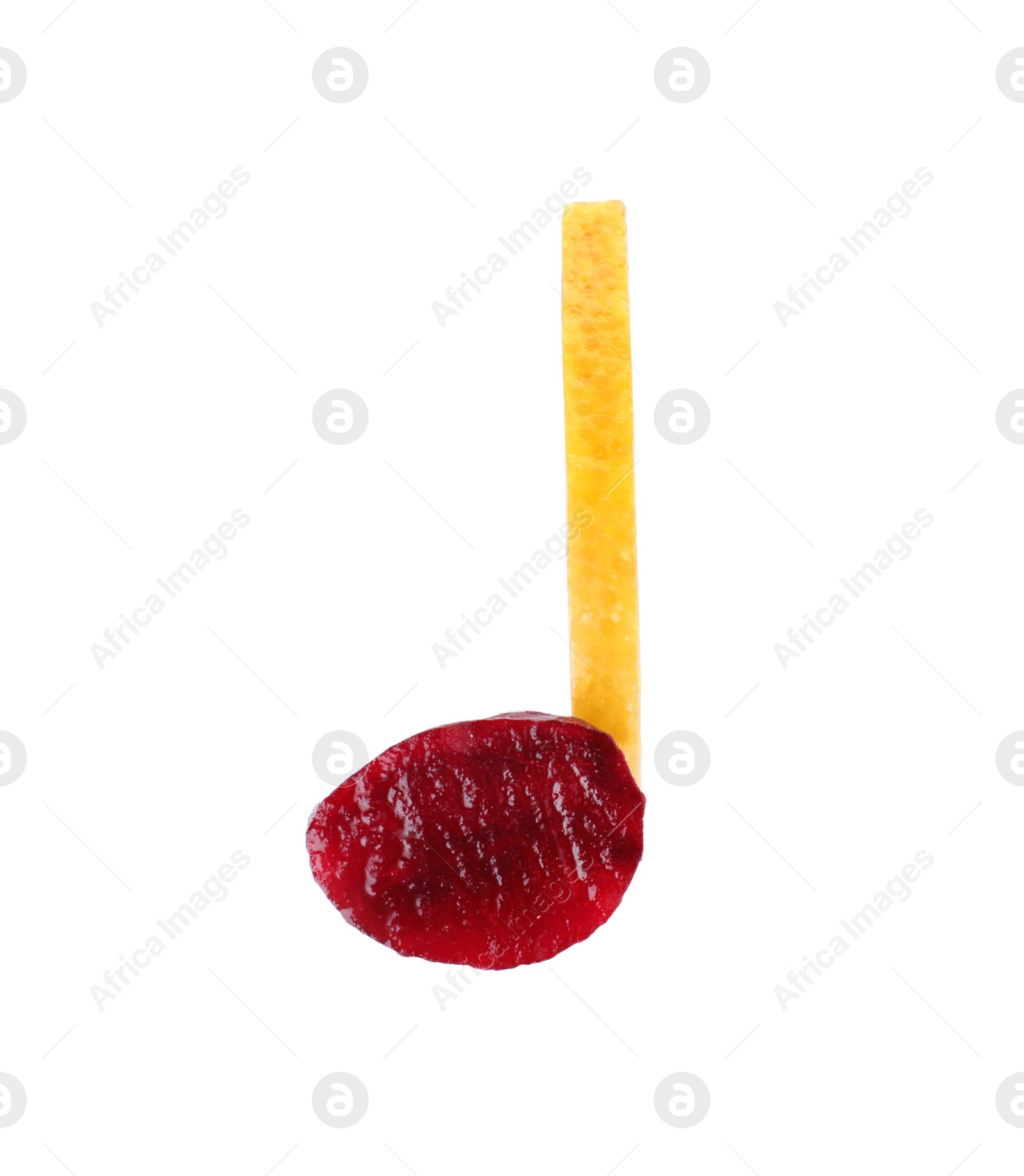 Photo of Musical note made of fruits and vegetables on white background, top view