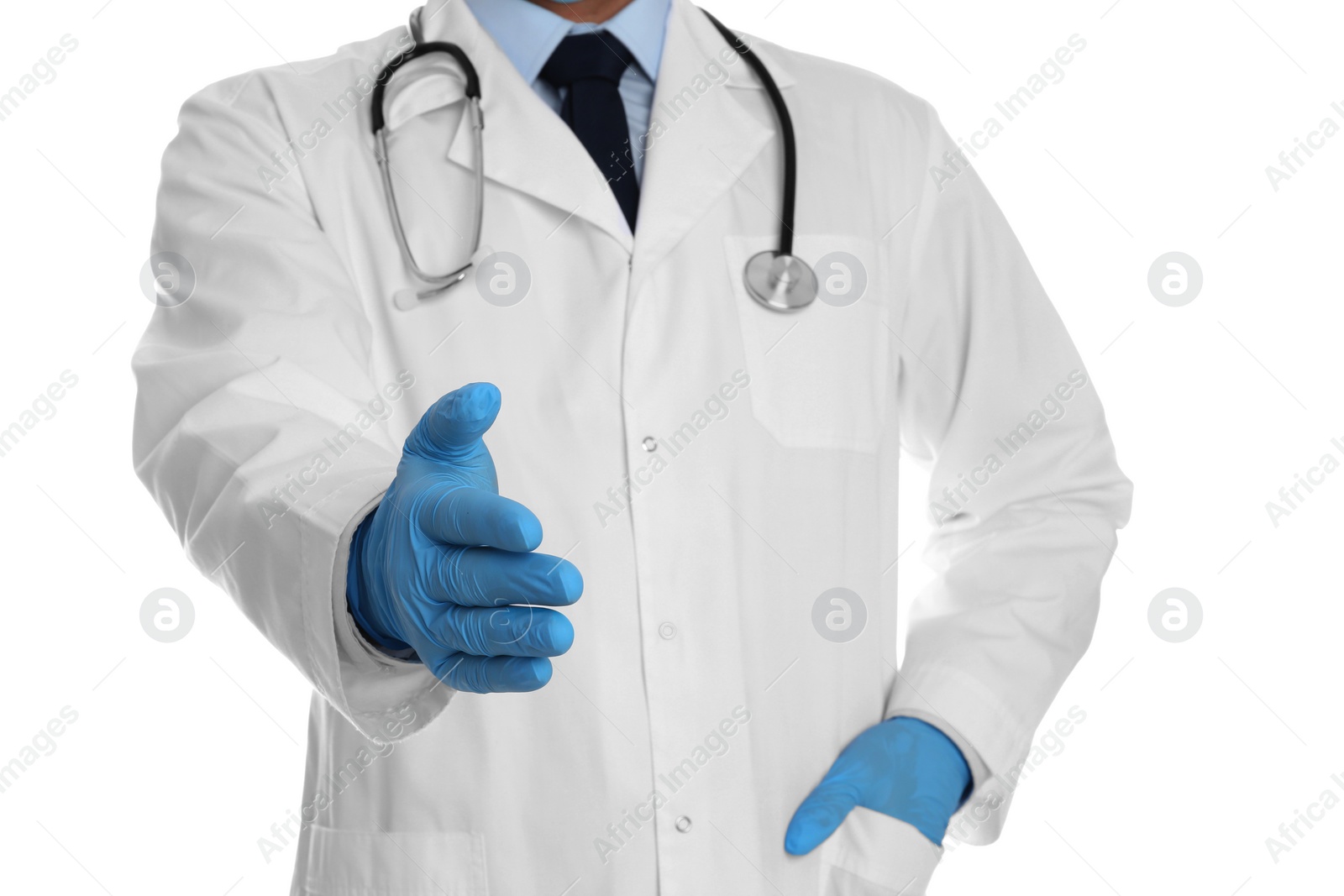 Photo of Doctor in gloves offering handshake on white background, closeup