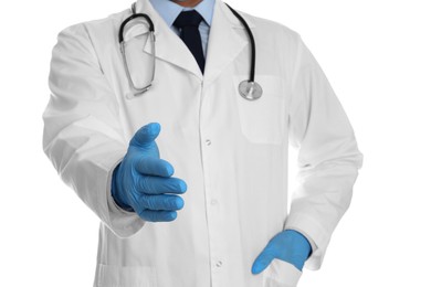 Doctor in gloves offering handshake on white background, closeup