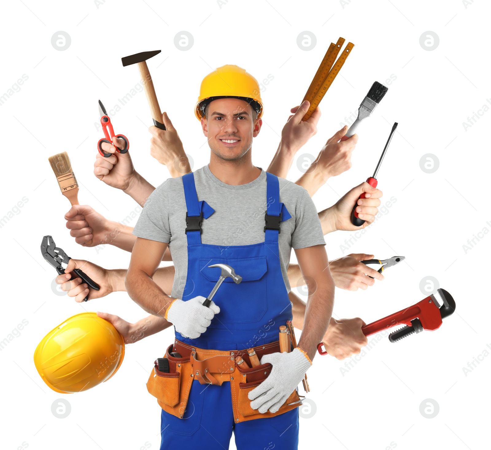 Image of Multitasking concept. Handyman with different tools on white background