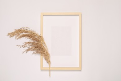Photo of Empty photo frame and decorative plant on white background, flat lay. Mockup for design