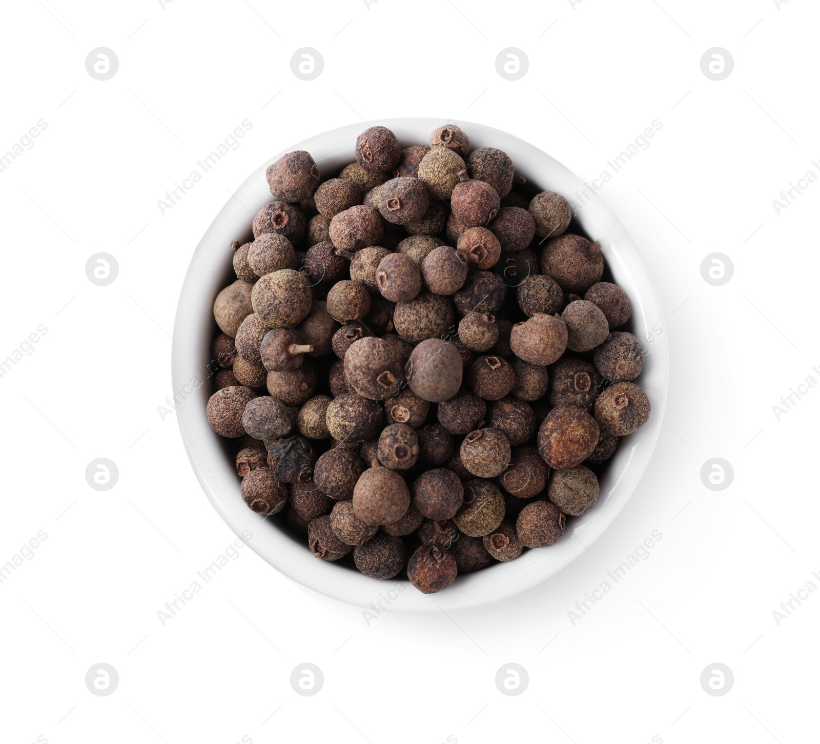 Photo of Black pepper in bowl isolated on white, top view