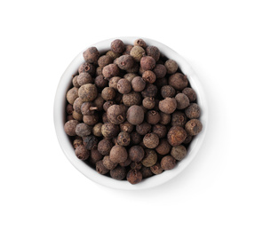 Photo of Black pepper in bowl isolated on white, top view