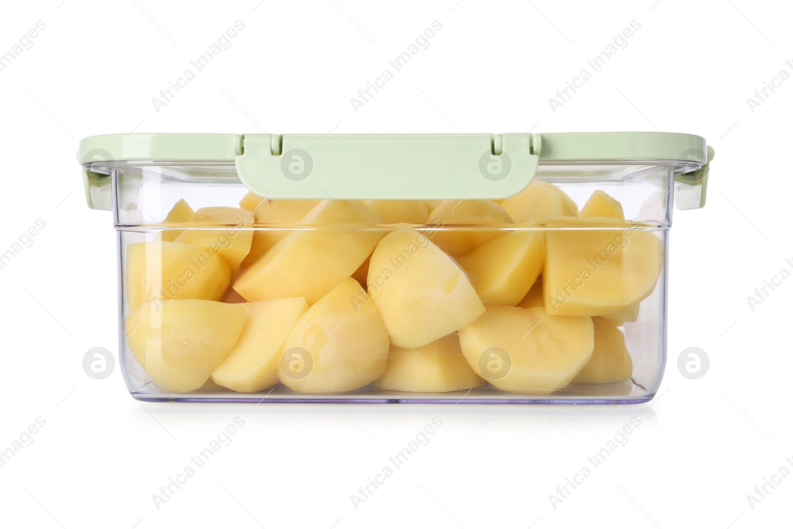 Photo of Box with cut fresh raw potatoes on white background