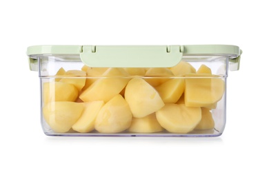 Photo of Box with cut fresh raw potatoes on white background