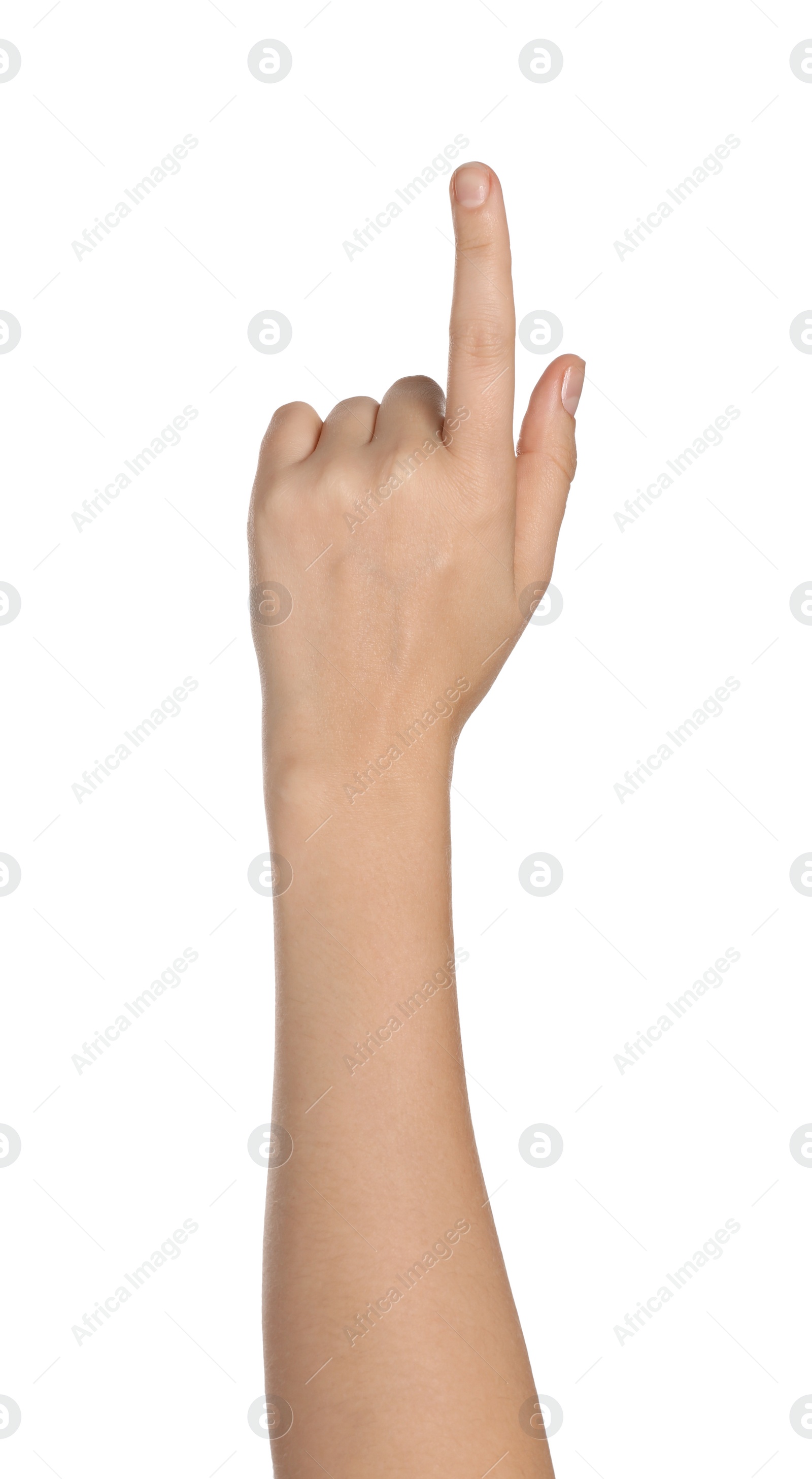 Photo of Woman pointing at something on white background, closeup of hand