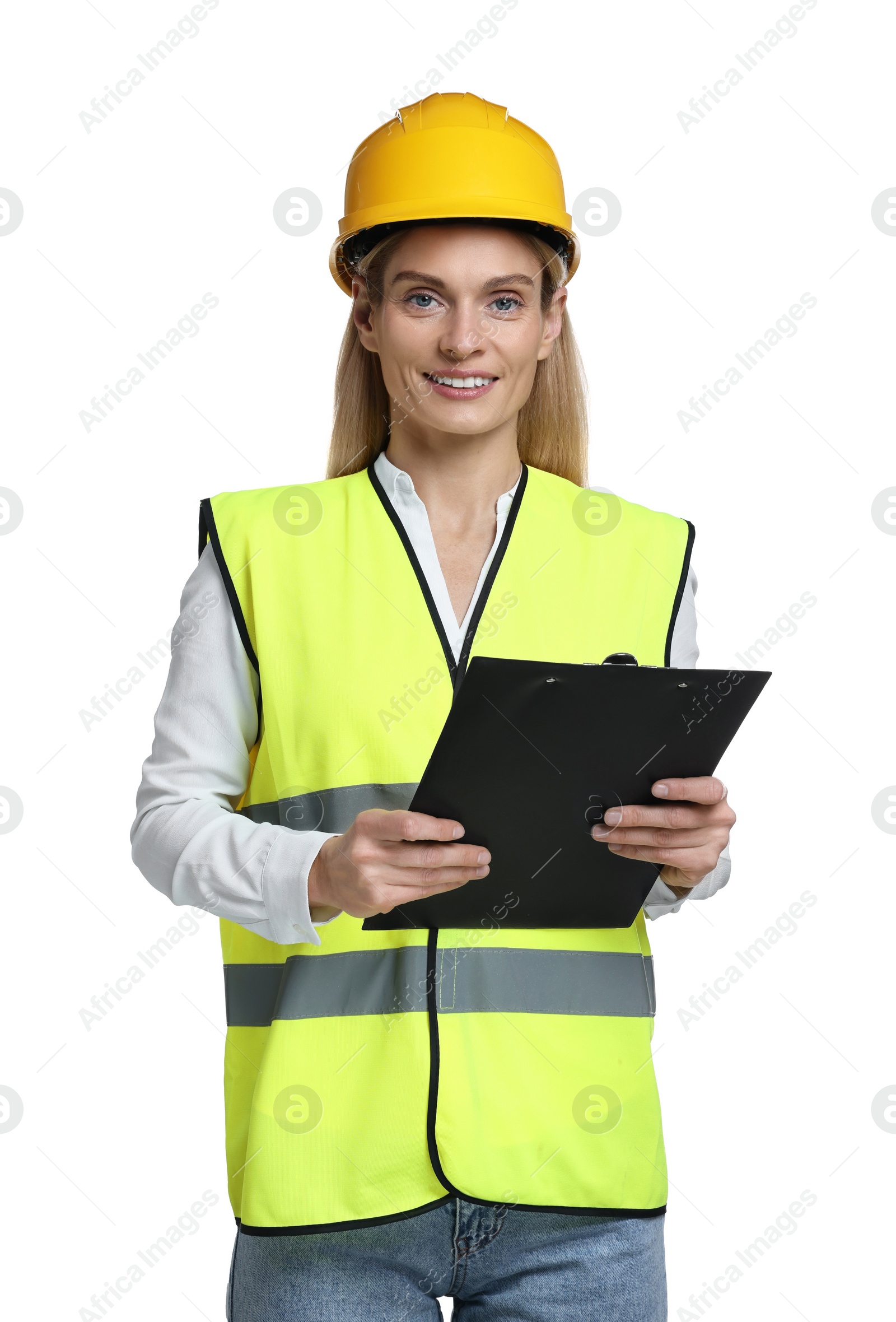 Photo of Engineer in hard hat holding clipboard on white background