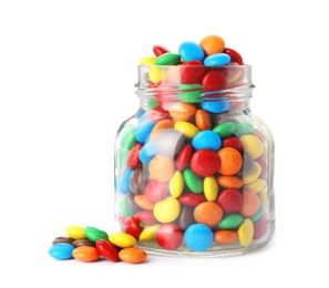 Jar with colorful candies on white background