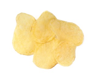 Heap of delicious potato chips on white background, top view