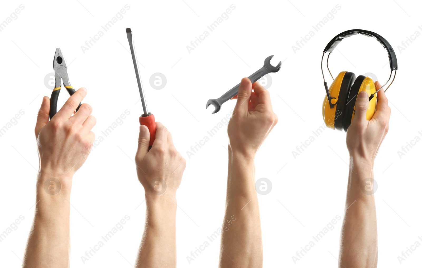 Image of Set with photos of electricians holding different tools on white background, closeup