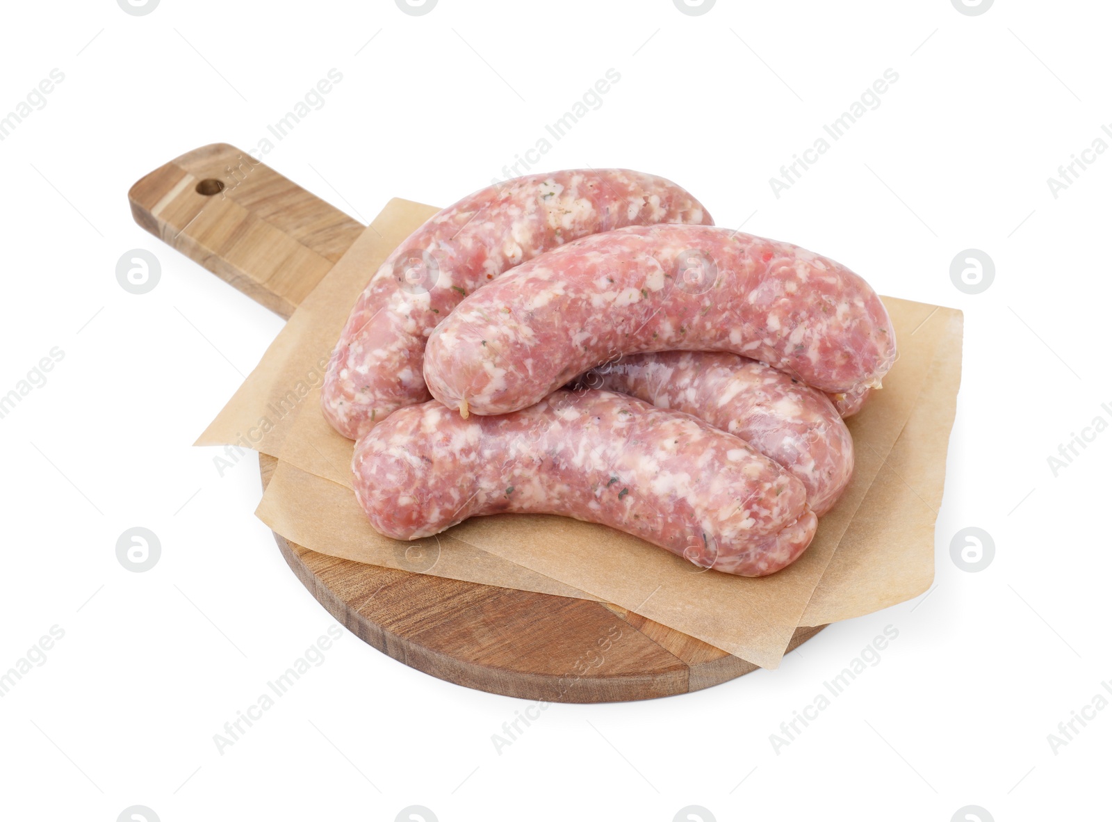 Photo of Wooden board with raw homemade sausages isolated on white