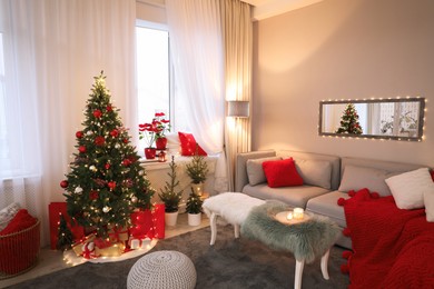 Living room with Christmas decorations. Festive interior design