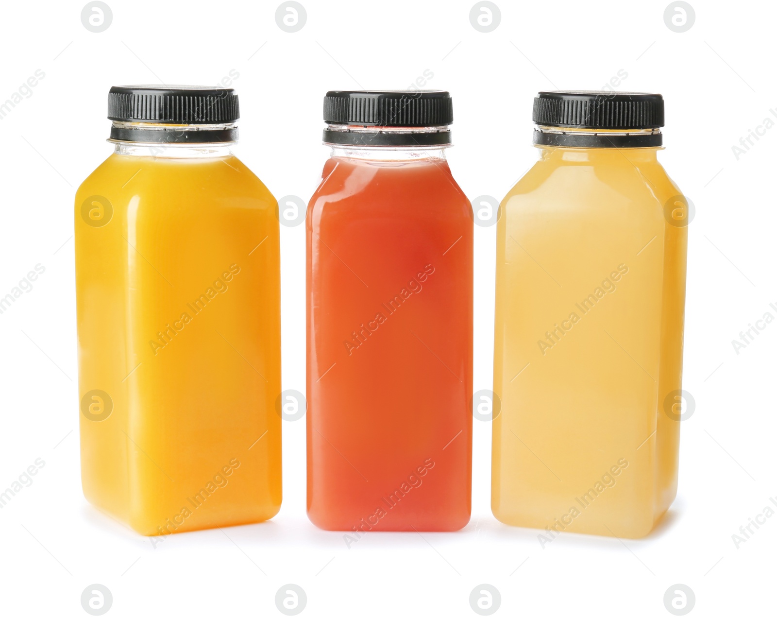 Photo of Bottles with fresh juices on white background