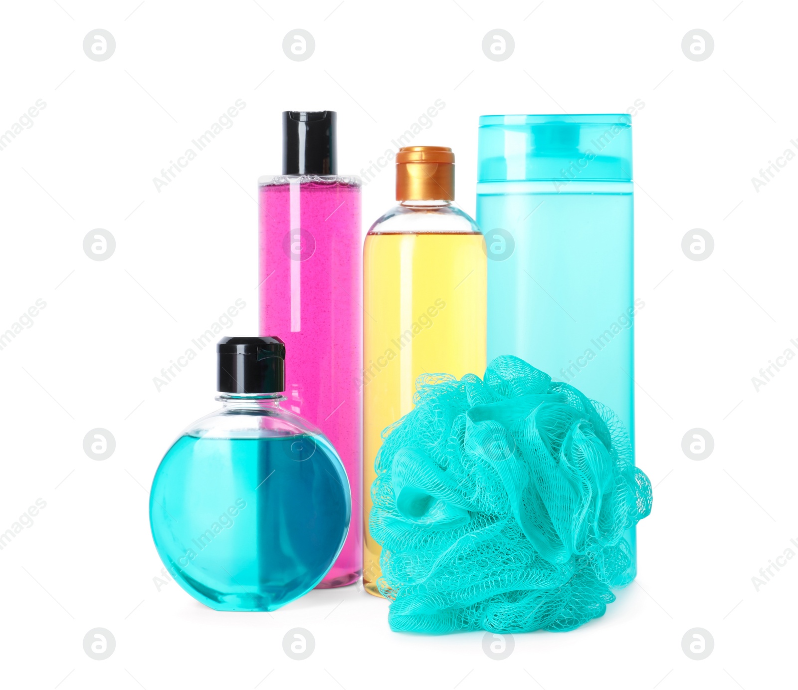 Photo of Personal hygiene products and shower puff on white background