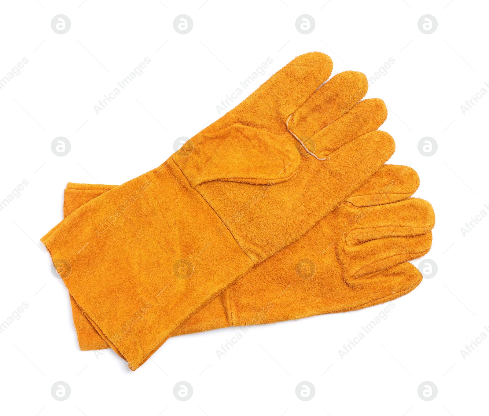 Photo of Orange protective gloves on white background, top view. Safety equipment