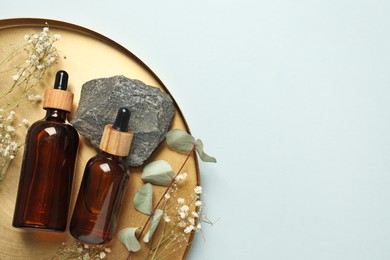 Photo of Tray with bottles of face serum, plants and stone on light grey background, top view. Space for text