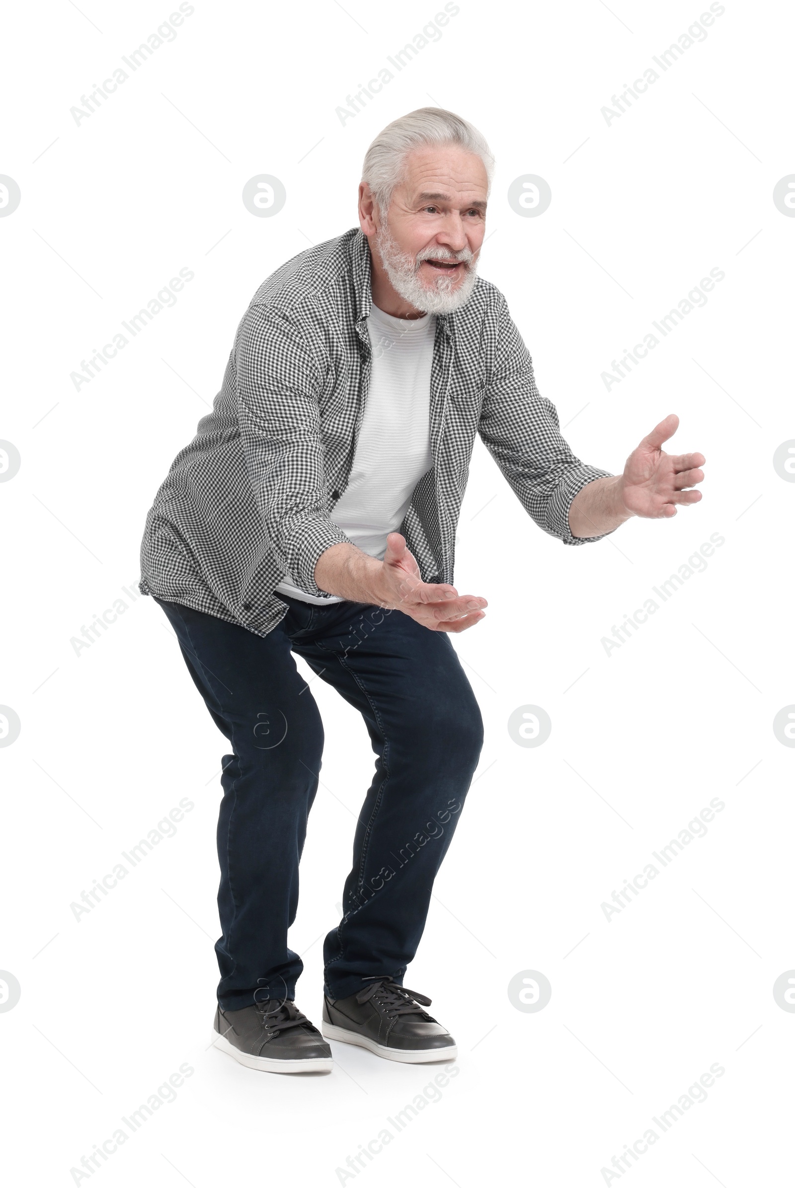 Photo of Senior man greeting someone on white background