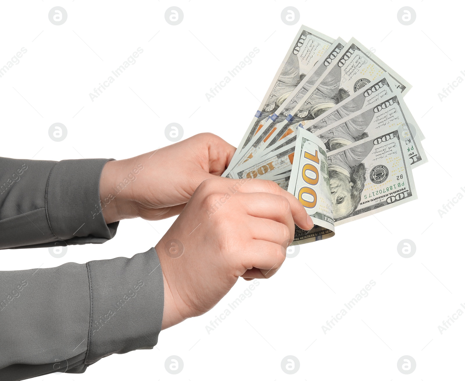 Photo of Money exchange. Woman counting dollar banknotes on white background, closeup