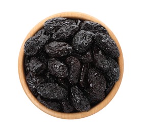 Photo of Bowl with sweet dried prunes isolated on white, top view