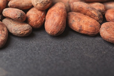Photo of Fresh aromatic cocoa beans on dark background