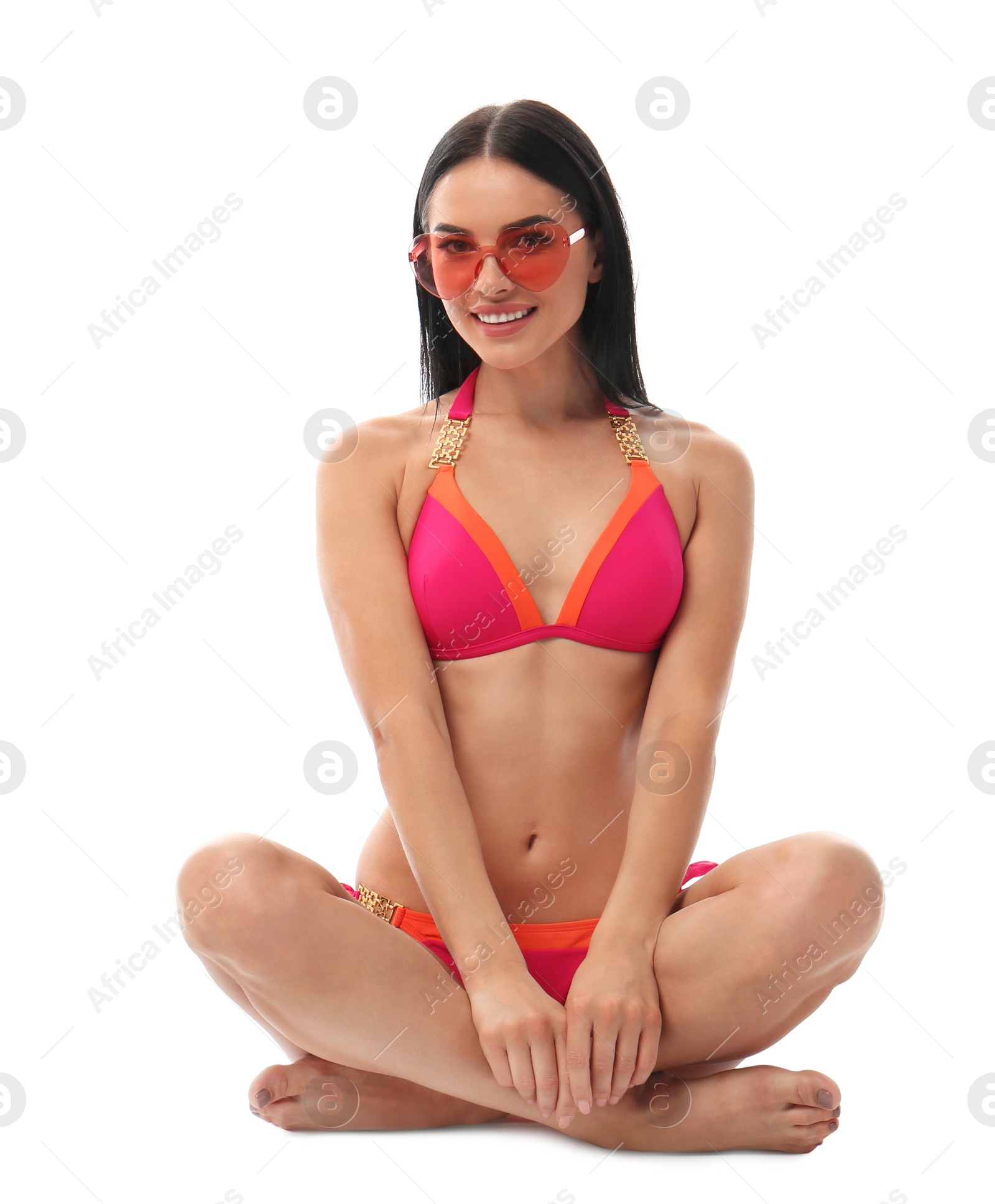 Photo of Beautiful young woman in stylish bikini with sunglasses on white background