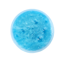 Blue slime in plastic container isolated on white, top view. Antistress toy