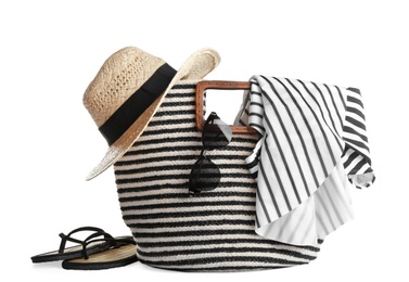 Set of beach accessories on white background