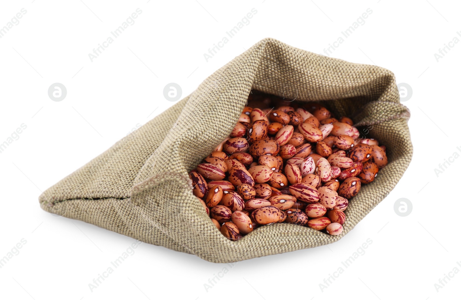 Photo of Overturned sack with dry kidney beans isolated on white