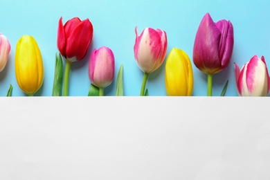 Photo of Beautiful spring tulip flowers and card on color background, top view. Space for text