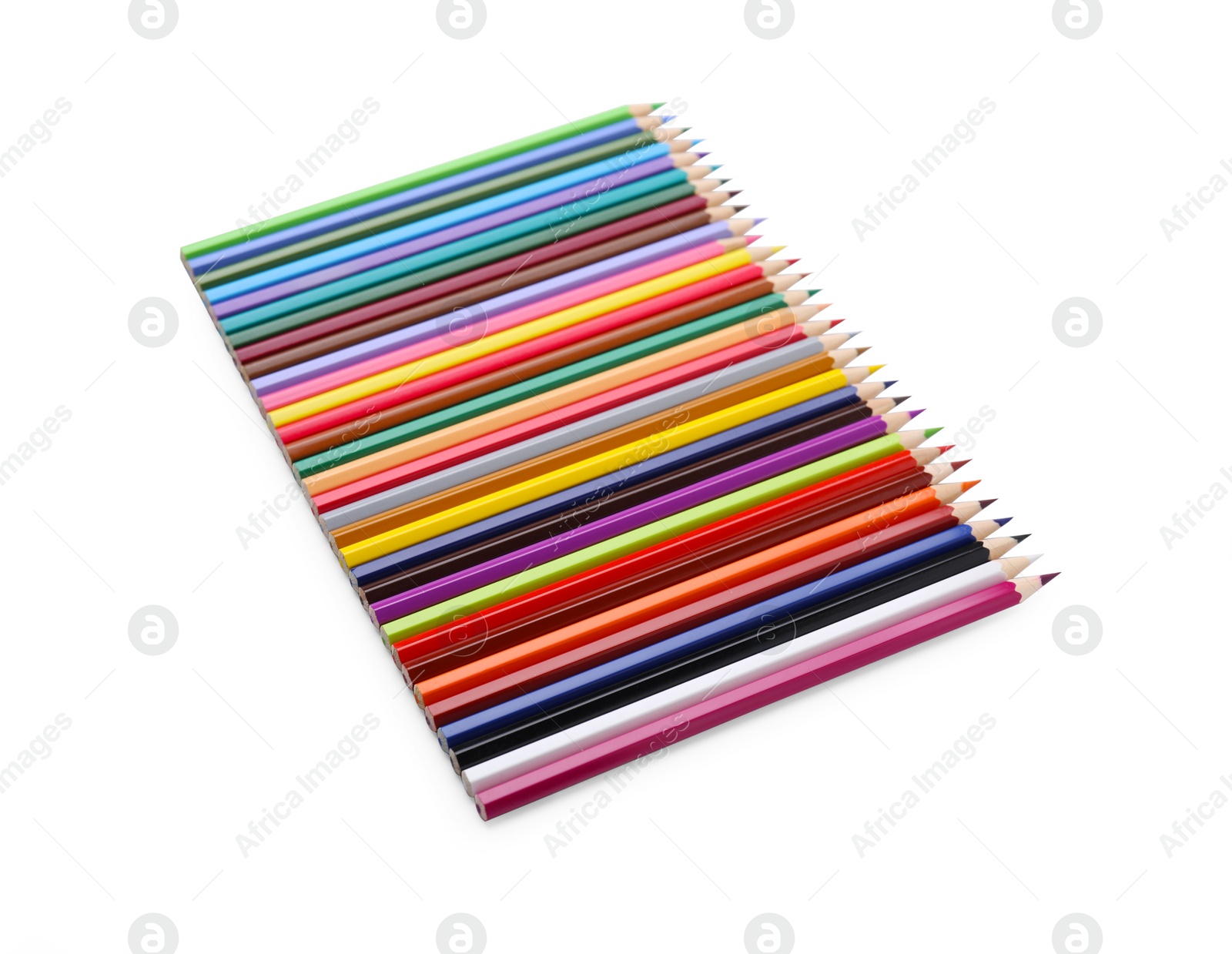Photo of Colorful wooden pencils on white background, above view