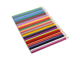 Colorful wooden pencils on white background, above view