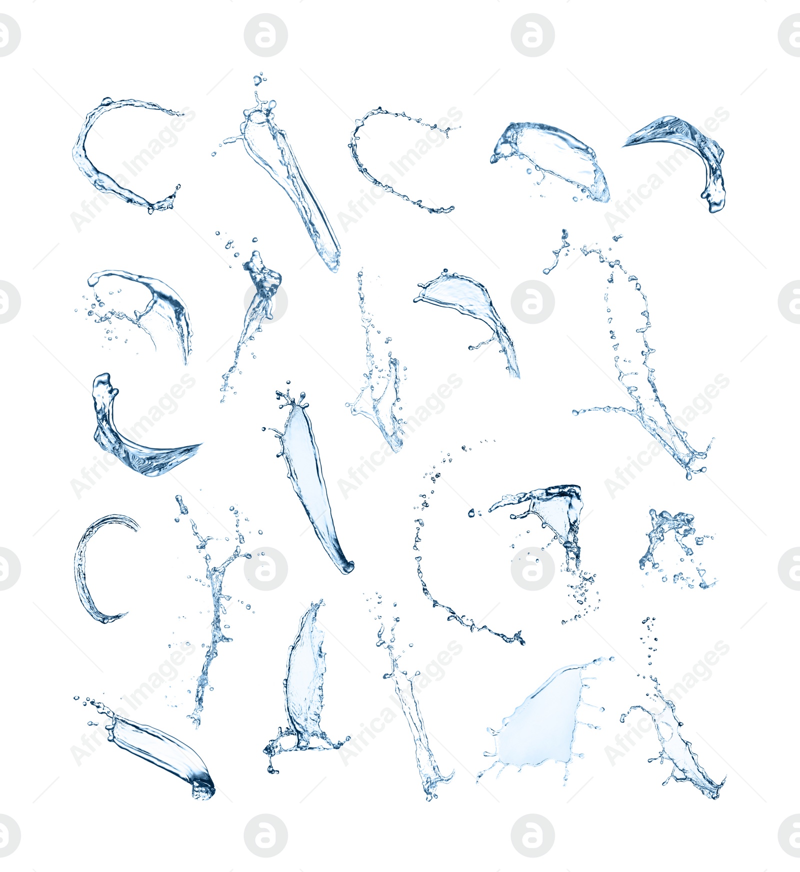 Image of Set with clear water splashes on white background