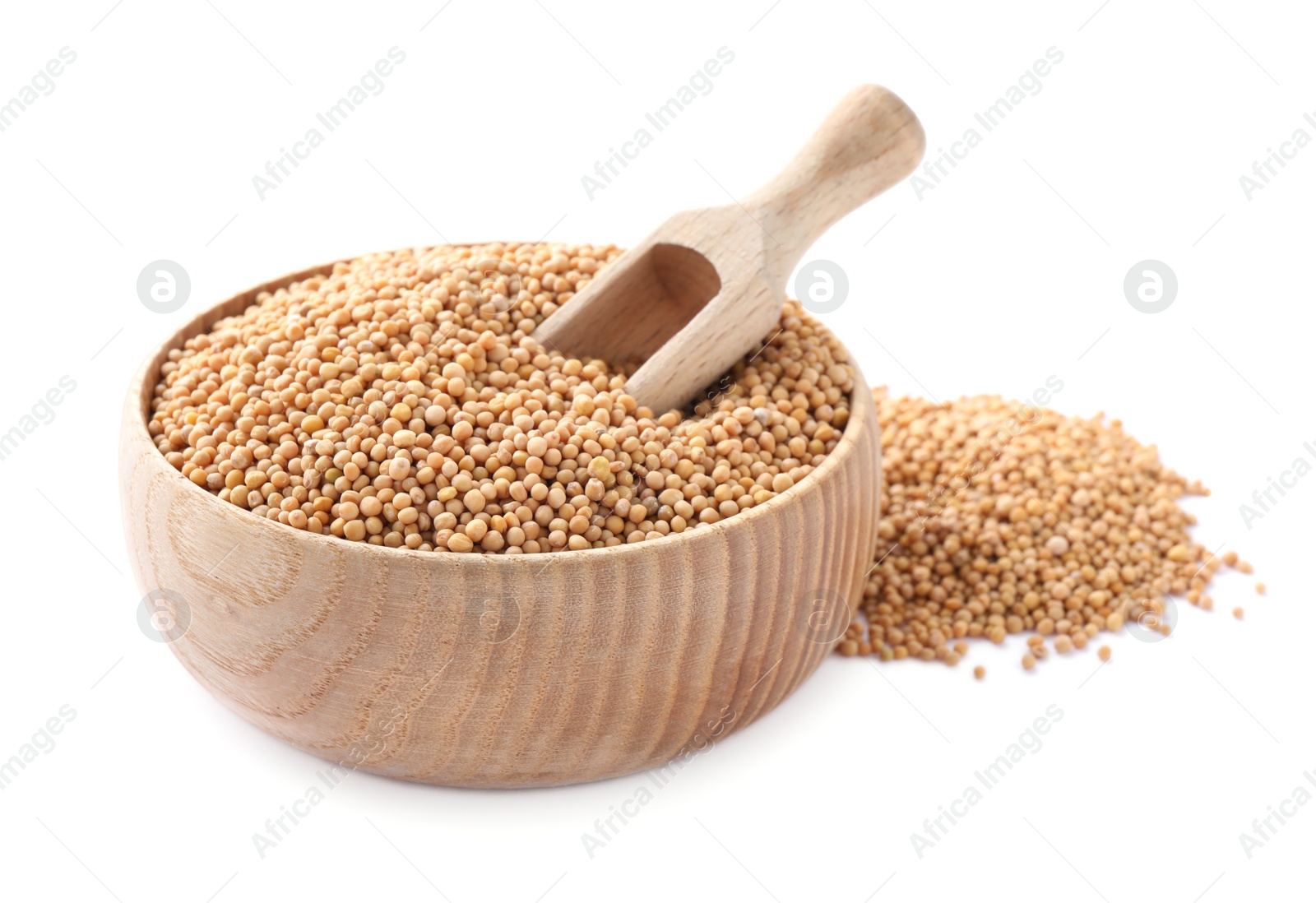 Photo of Mustard seeds with wooden bowl and scoop isolated on white