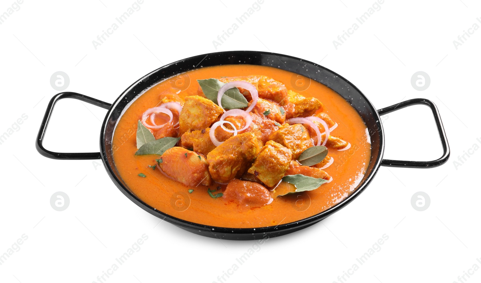 Photo of Delicious chicken curry in pan on white background